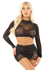 Completino Sexy Rhinestone Crop Top and Mini Skirt Nero