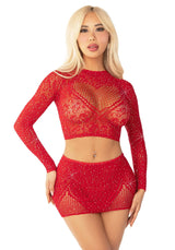 completino sexy rhinestone crop top and mini skirt rosso taglia unica leg avenue