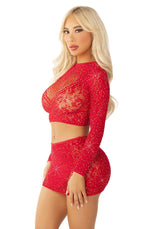 completino sexy rhinestone crop top and mini skirt rosso taglia unica leg avenue